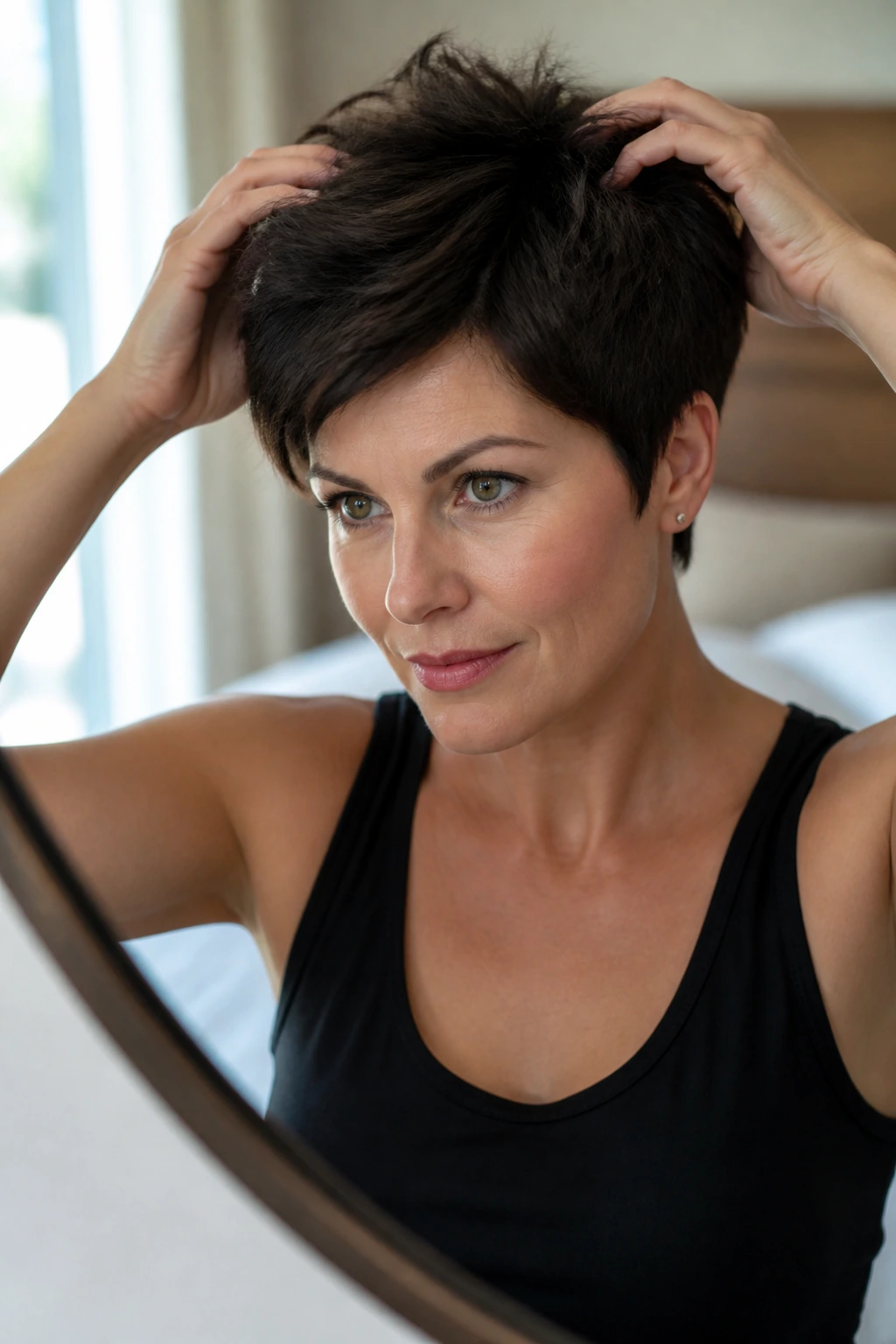 Portrait of a person styling thick pixie hair at home