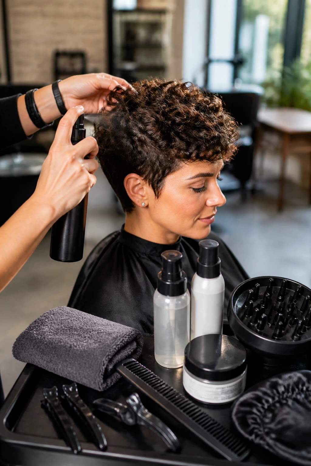 Medium-close shot of a real person with styling tools for pixies in use in a salon.