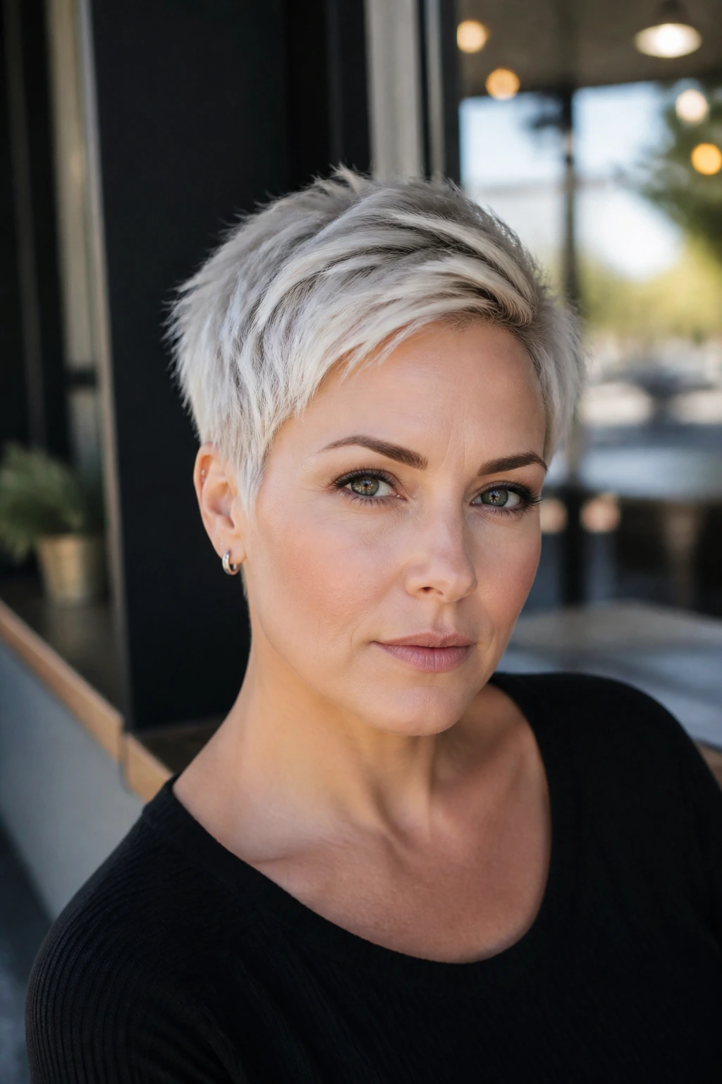 Portrait of a person with a platinum pixie showing crown lift and movement.