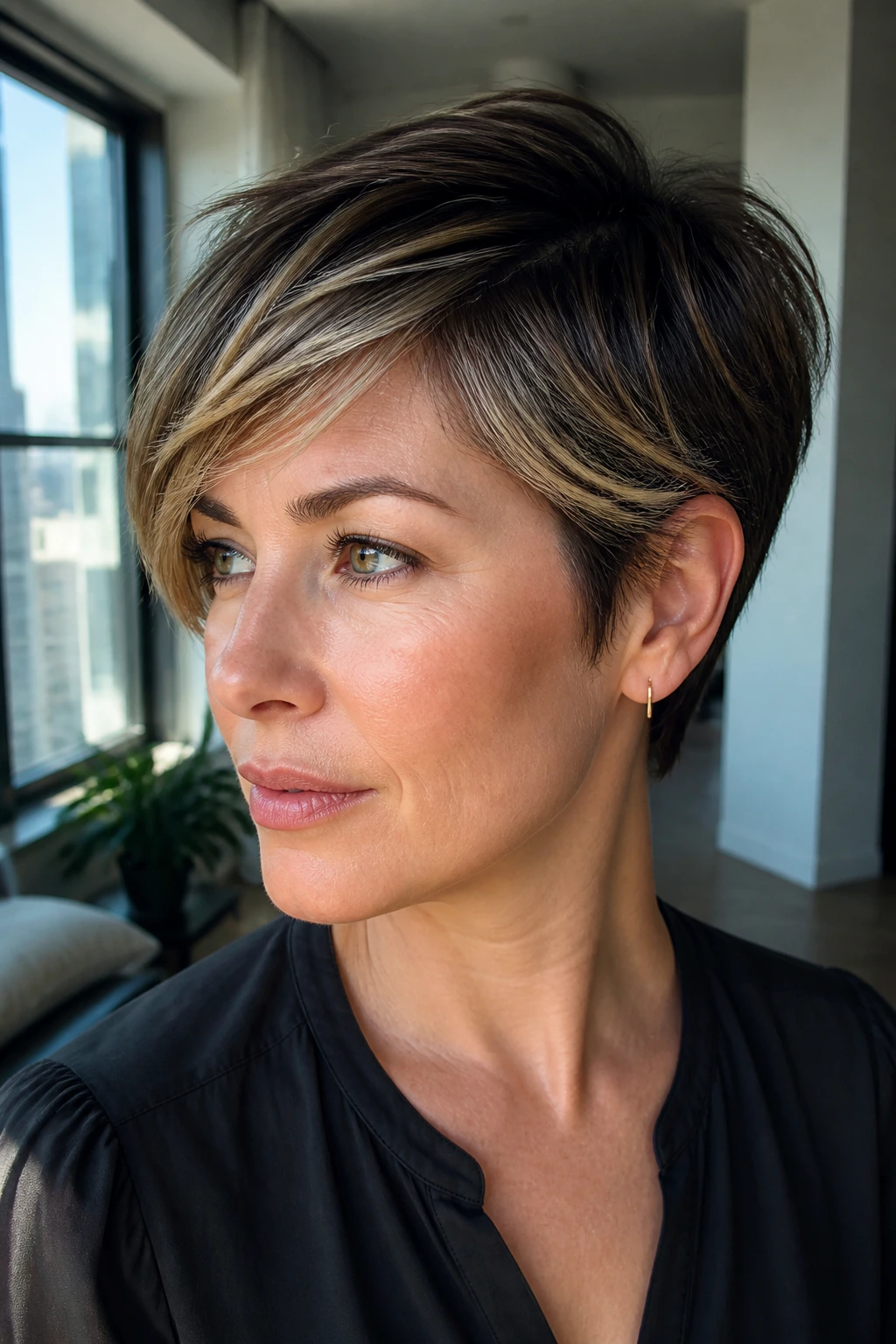 Close-up of a real woman with pixie, swept fringe and babylight edges.