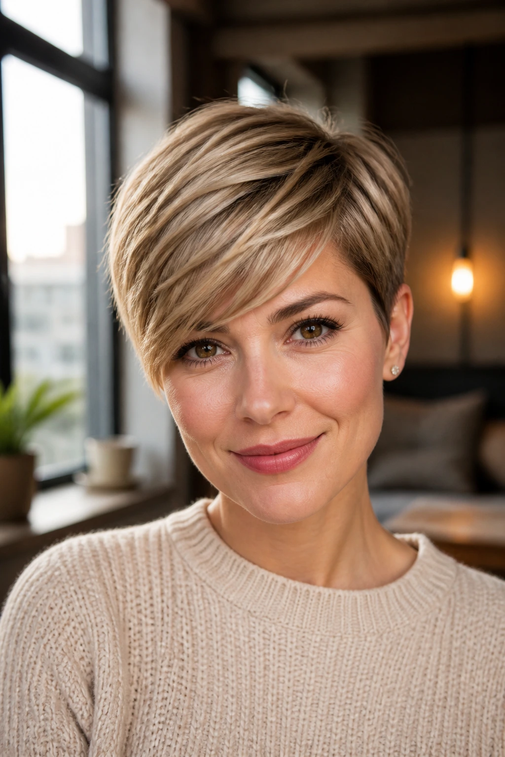 Real woman with swept fringe on a pixie cut in a close portrait.