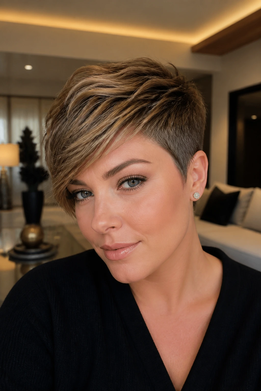 Close-up portrait of a real woman with a pixie cut and tapered sides