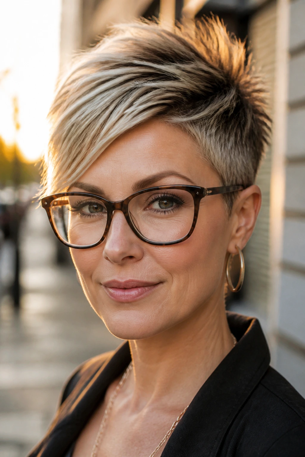 Real woman with pixie cut featuring lifted top and temple-length sides at golden hour