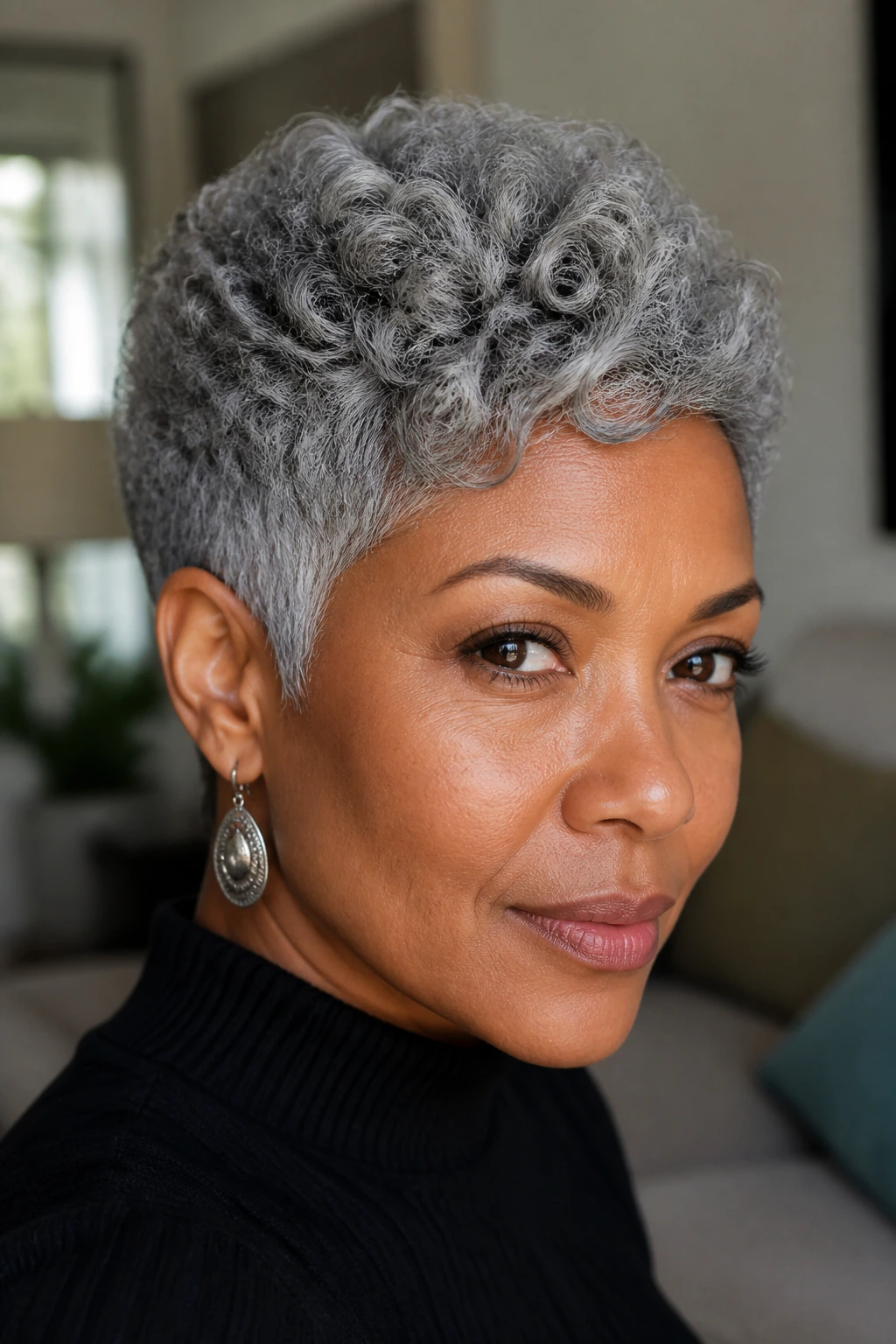 Close-up of a real woman with coily gray crop showing textured crown and rounded silhouette