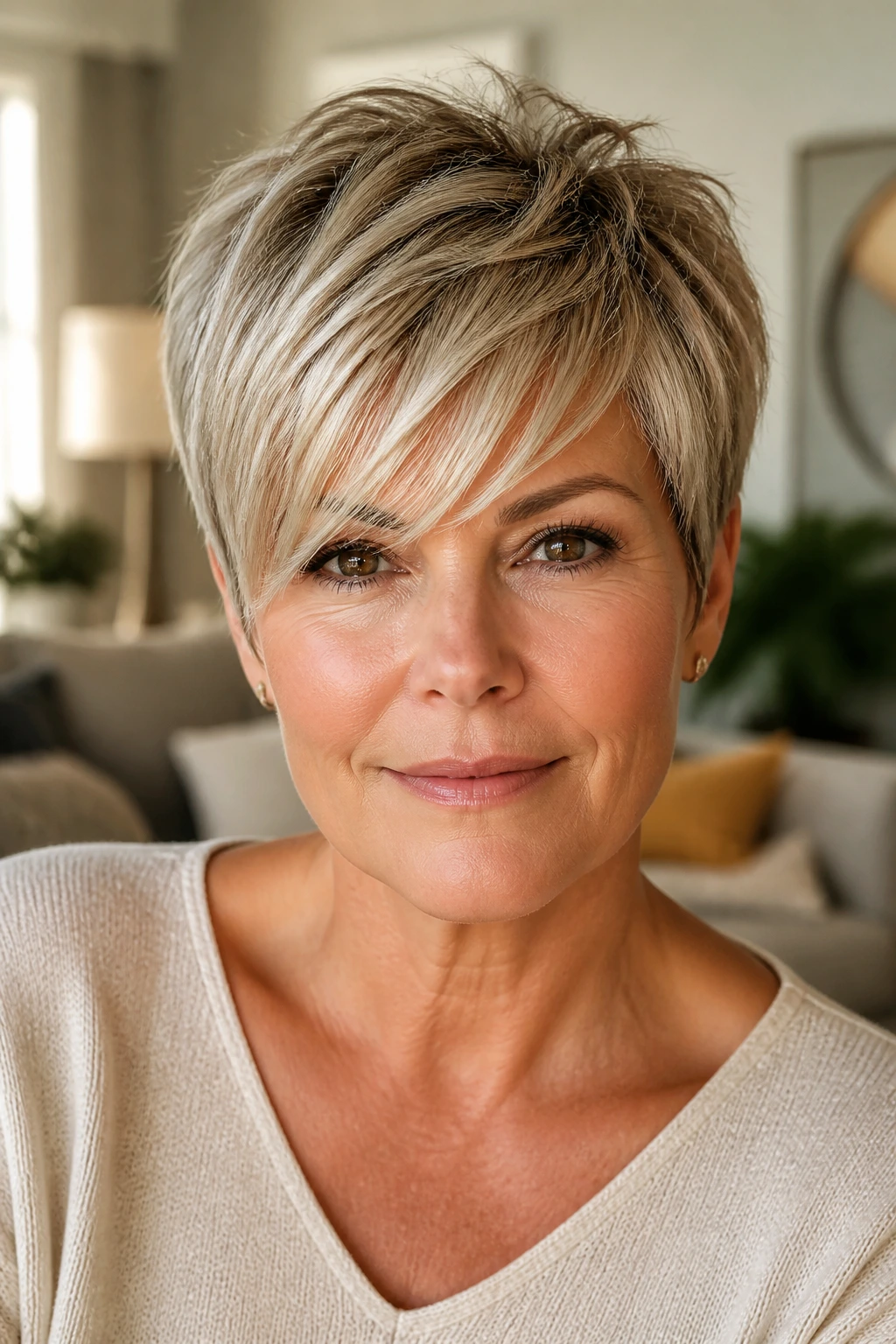 Close-up of a real woman with a textured pixie and side-swept fringe.