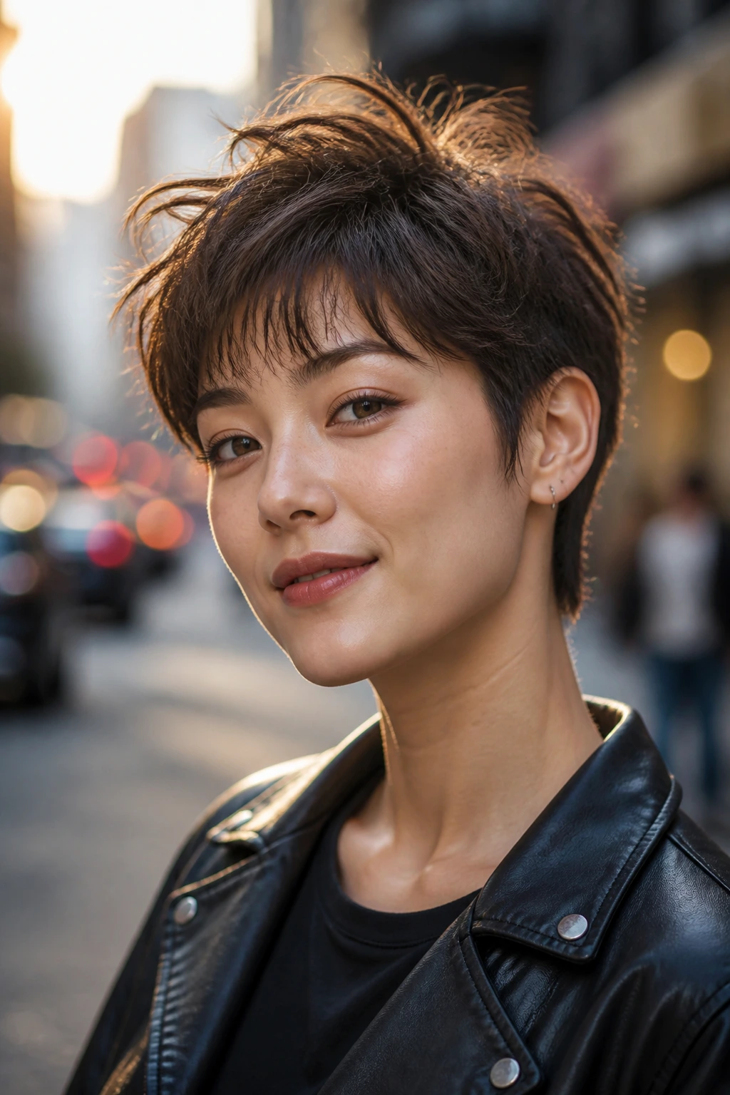 Portrait of a real woman with a playful tomboy pixie and textured fringe in an urban setting.