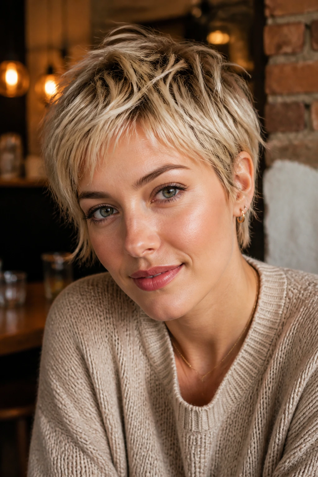 Close-up of a real person with a textured pixie and piecey ends in warm indoor light