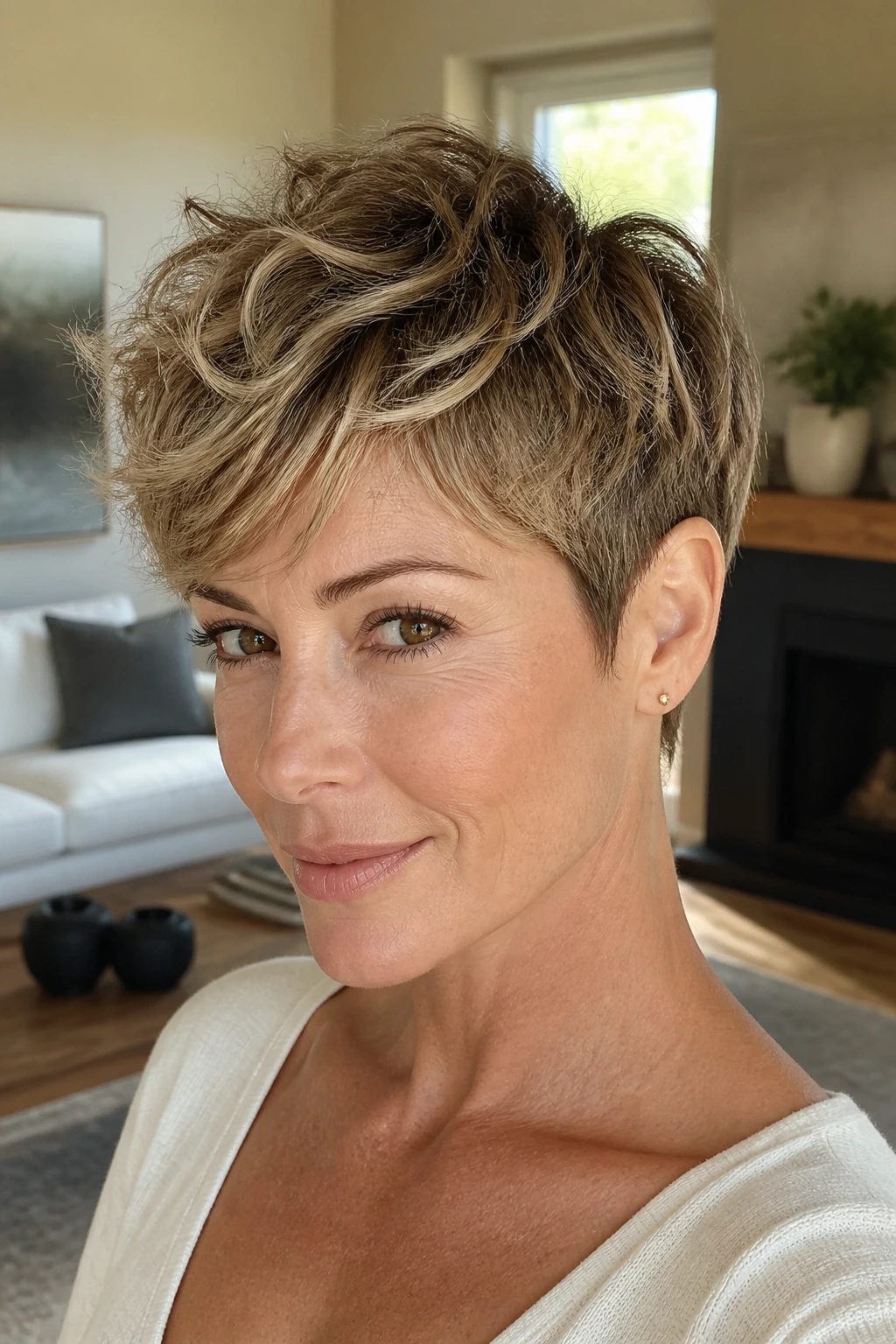 Close-up of a real woman with a soft textured pixie on wavy hair and crown lift