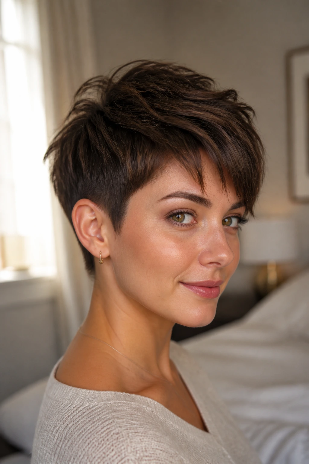 Close-up portrait of a real person with flattering pixie on thick hair