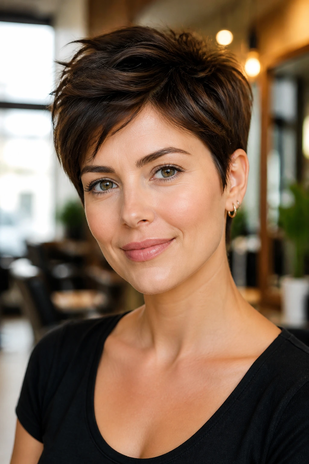 Close-up portrait of a real woman with a long pixie cut on thick hair and an oval face in a salon setting.