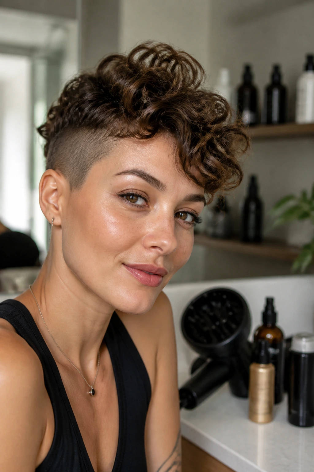 Portrait of person with shaved-sides pixie in a bathroom vanity setting