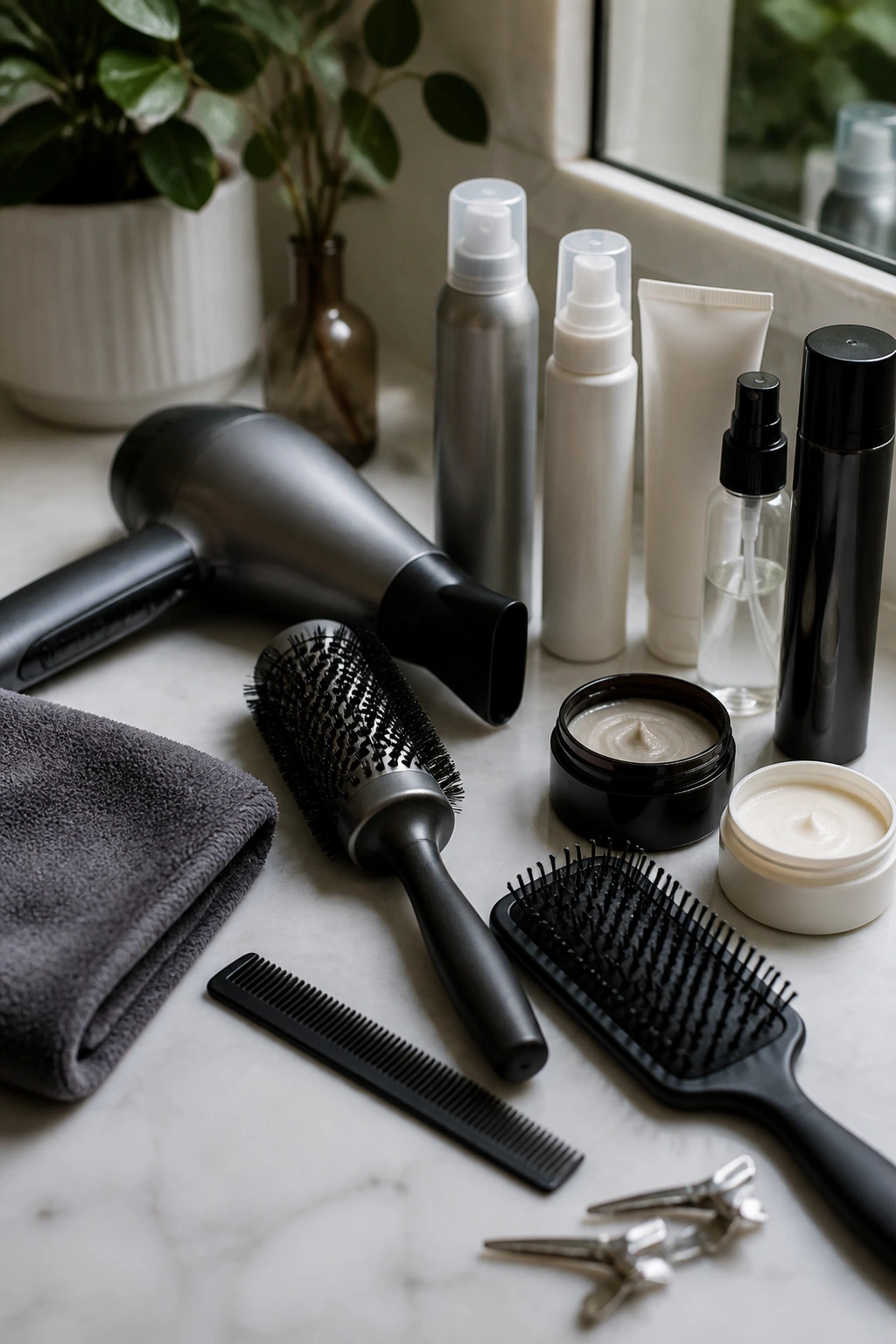 Close-up of styling tools and products for a long pixie on a bathroom counter