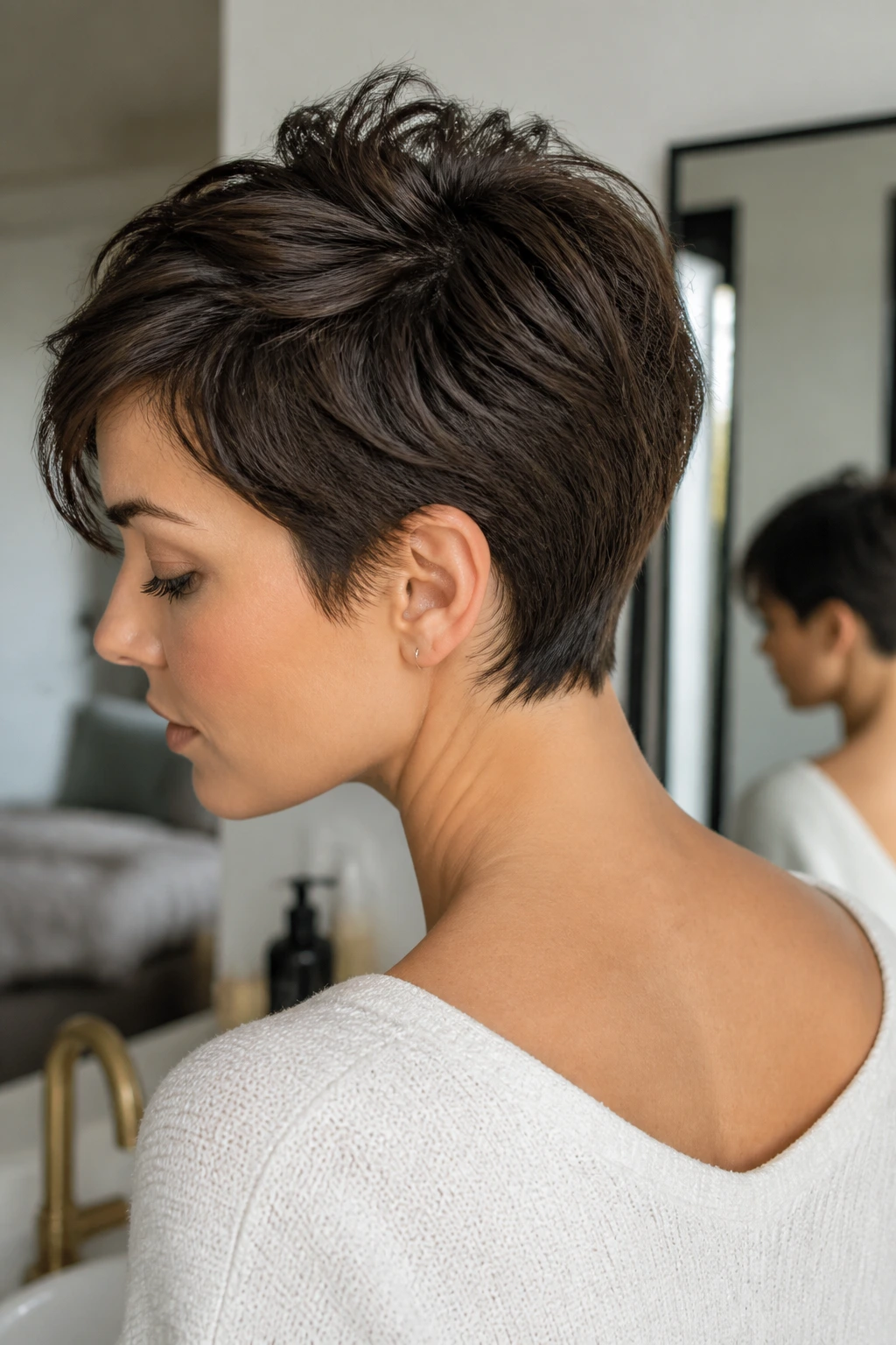 Portrait of a person with pixie hair in bathroom
