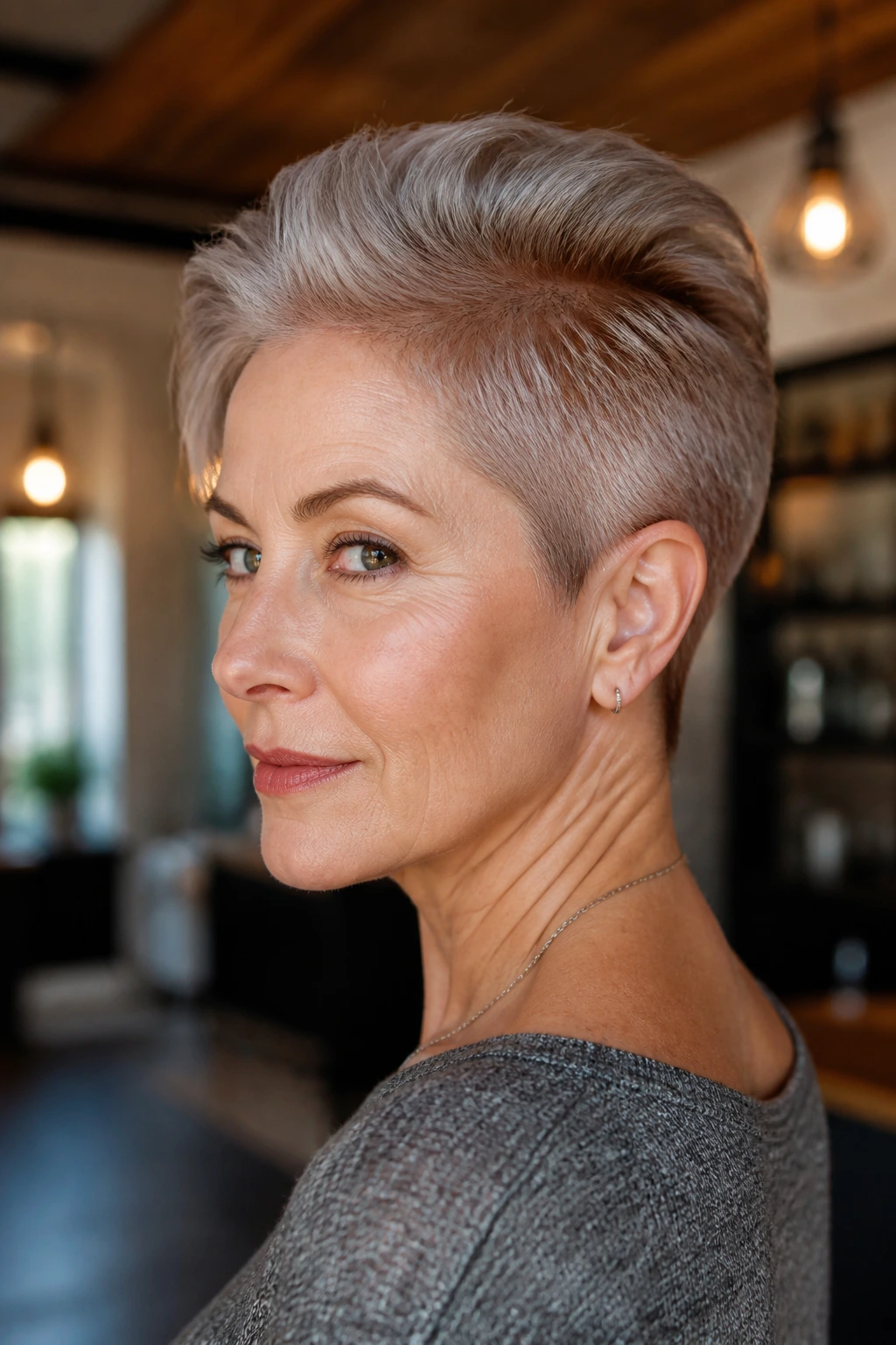 Close-up of a real woman with soft undercut pixie and cinnamon depth