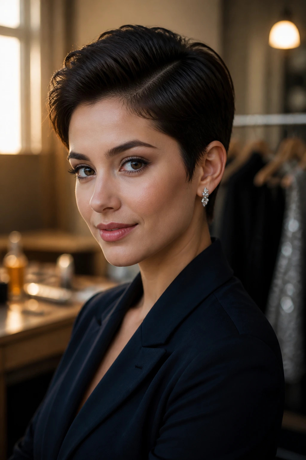 Real person with versatile pixie haircut showing sleek side part and crown volume