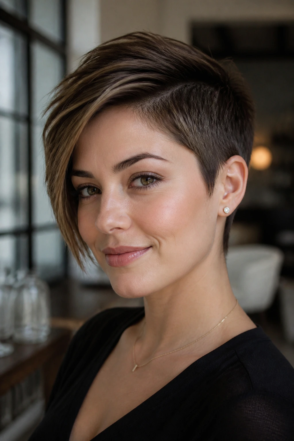Real person with a bold side-part pixie variation