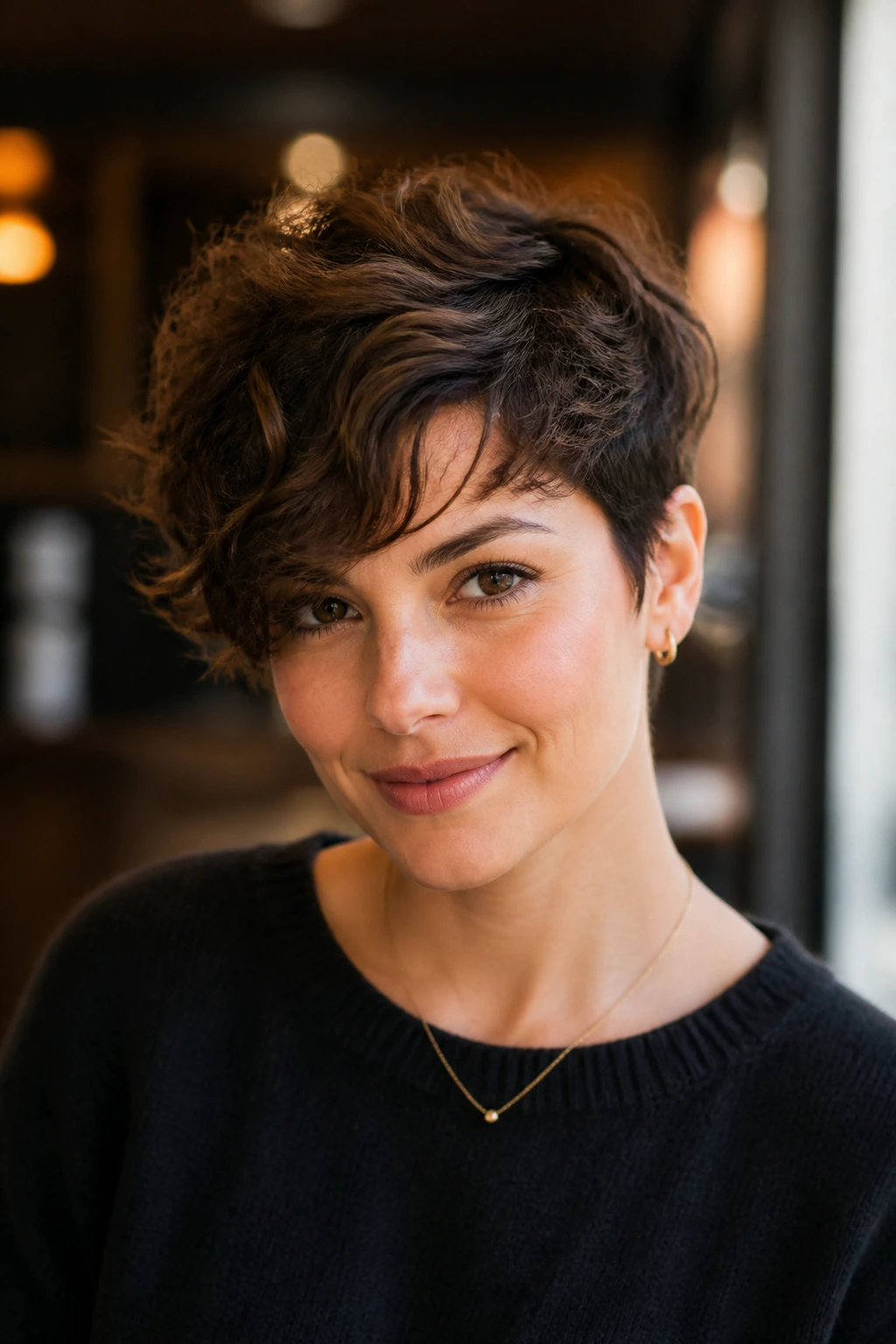 Portrait of a woman with a soft side-sweep pixie