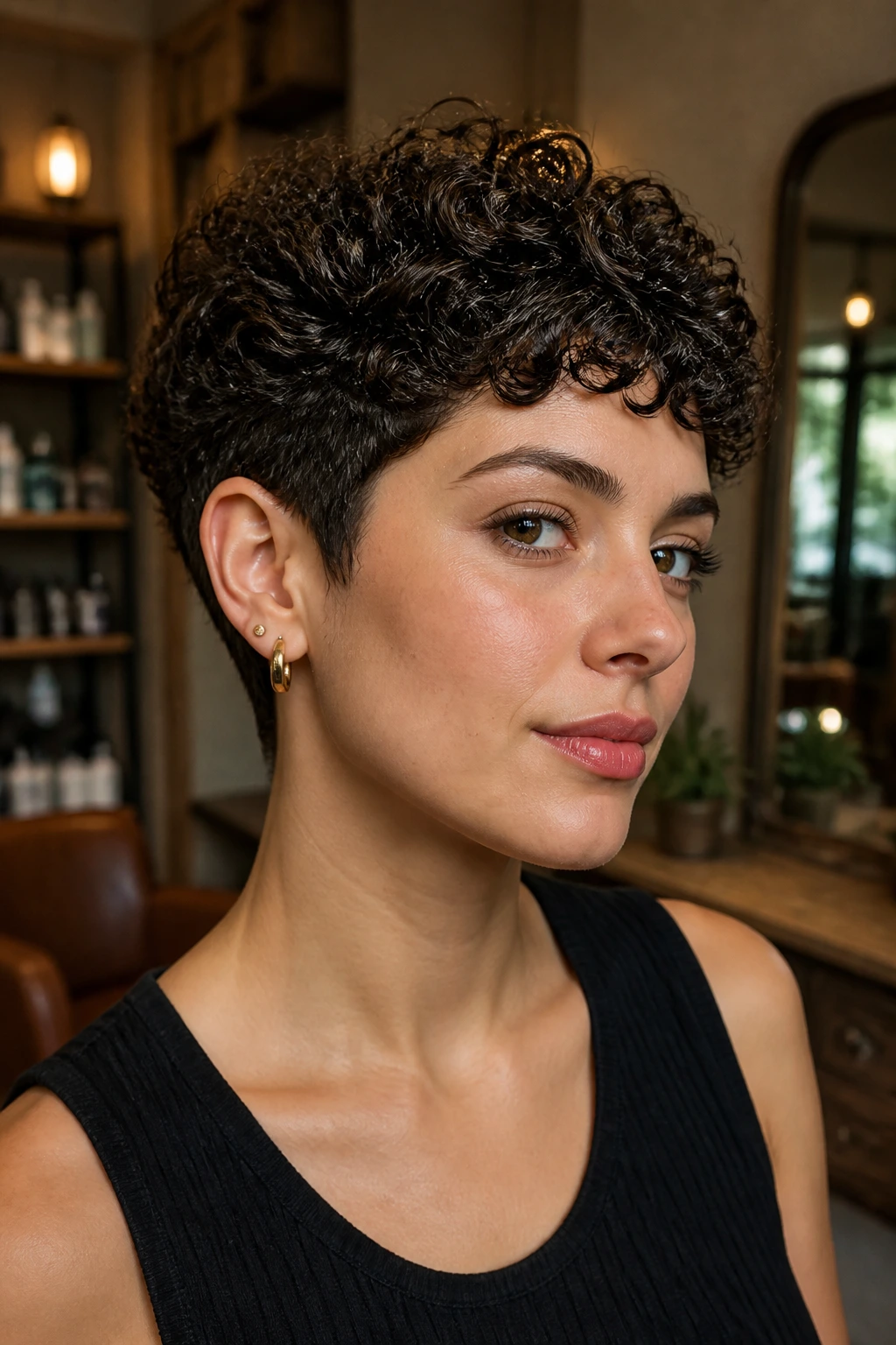 Close-up of a real woman with a Temple Taper curly pixie variation