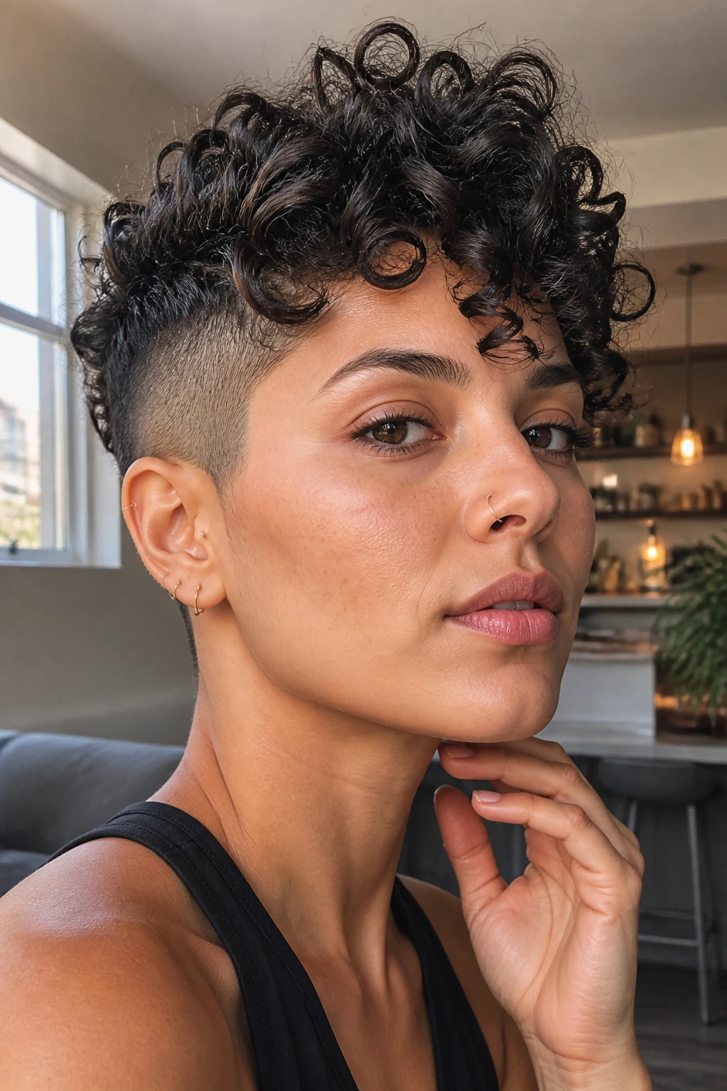 Portrait showing lifted crown and defined curls in shaved-sides pixie