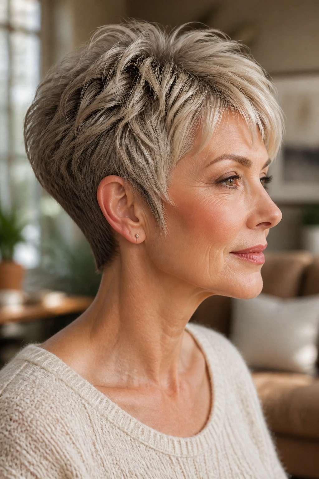 Close-up of a real woman with a textured pixie wedge showing tapered nape and temple-framing wisps