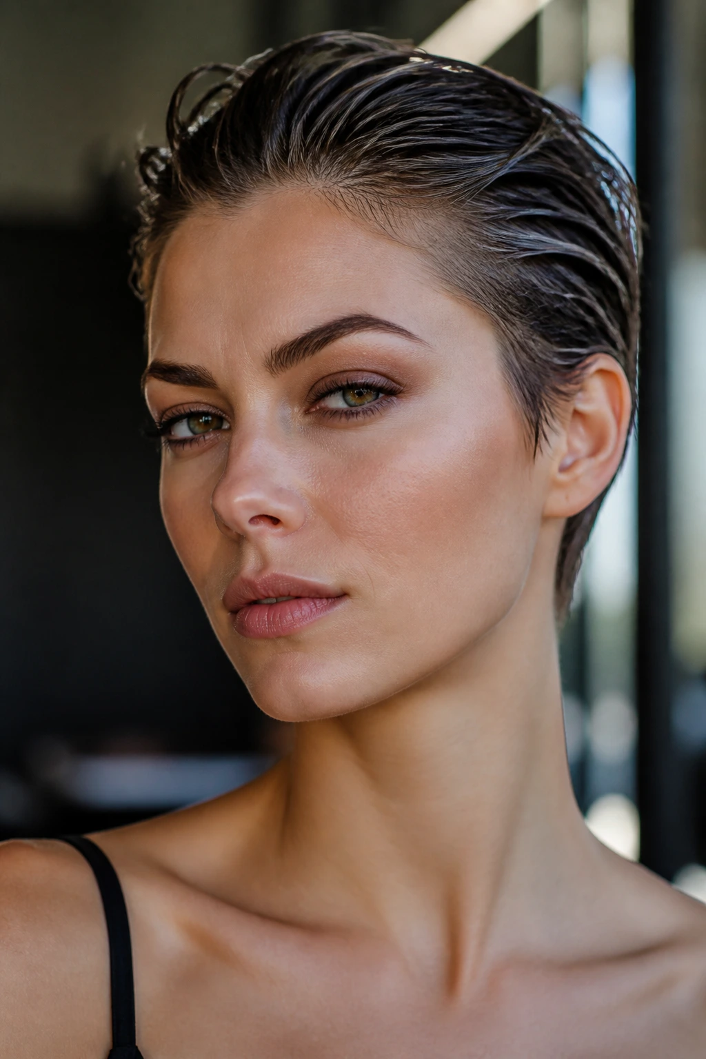 Portrait of a real person with a slicked-back wet-look pixie hairstyle