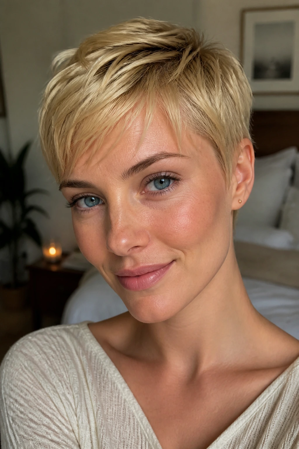 Close-up portrait of a real person with a creamy yellow blonde pixie cut.