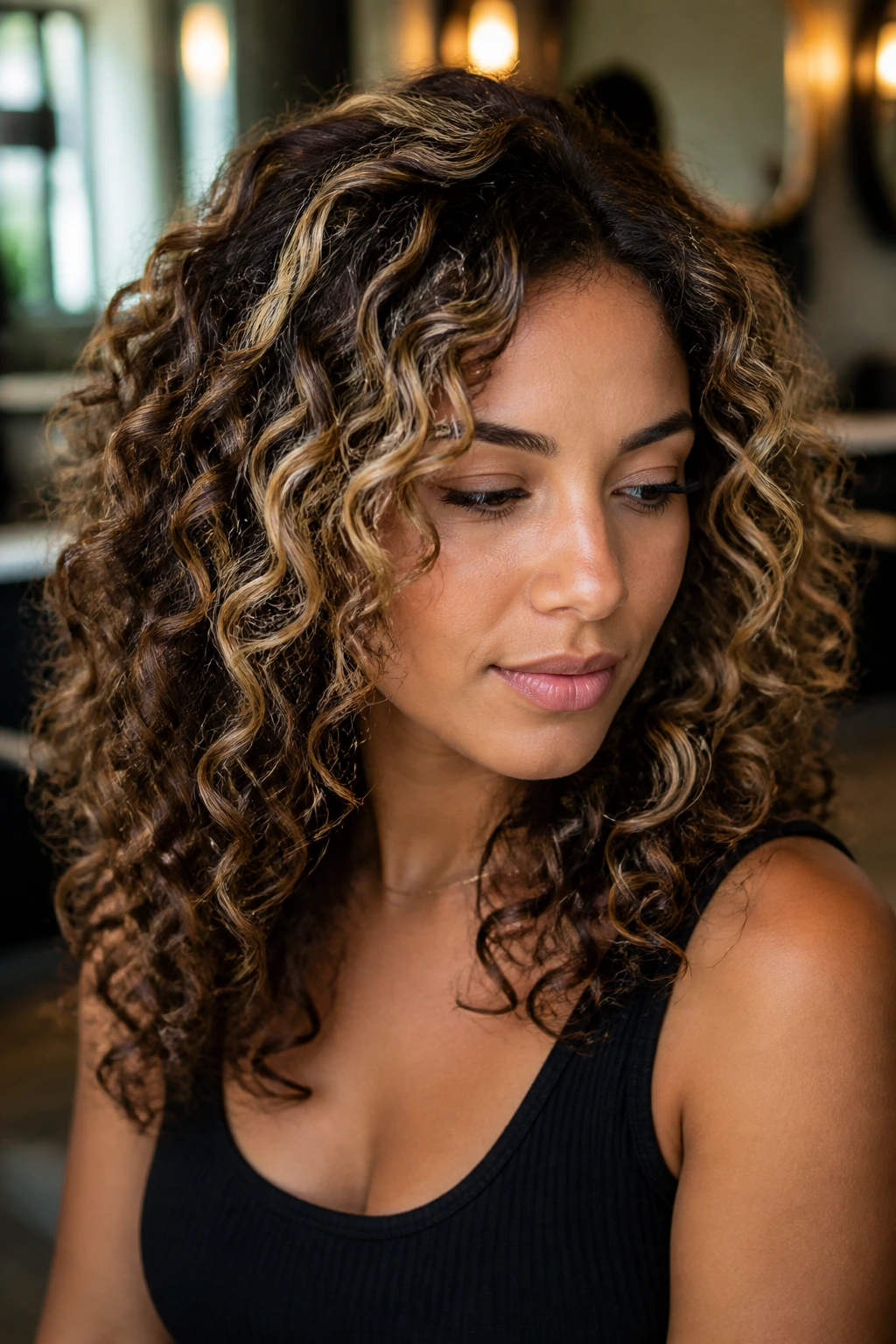 Close-up portrait showing highlight placement on crown and face frame of curly hair.