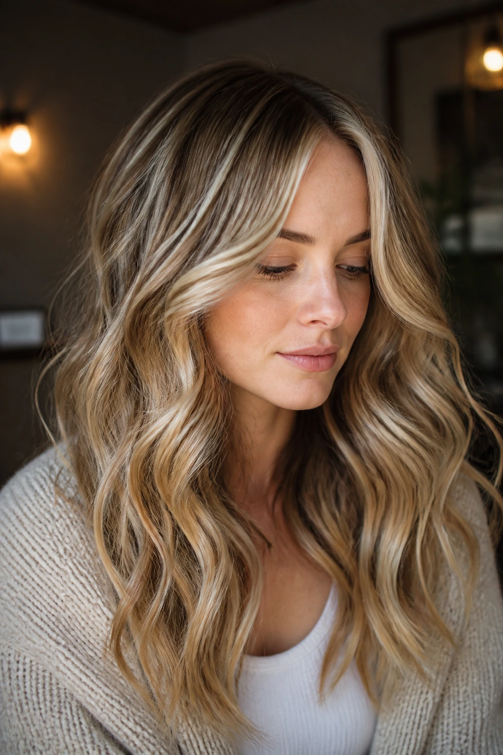 Close-up of placement highlights on fair skin with wavy hair framing the face