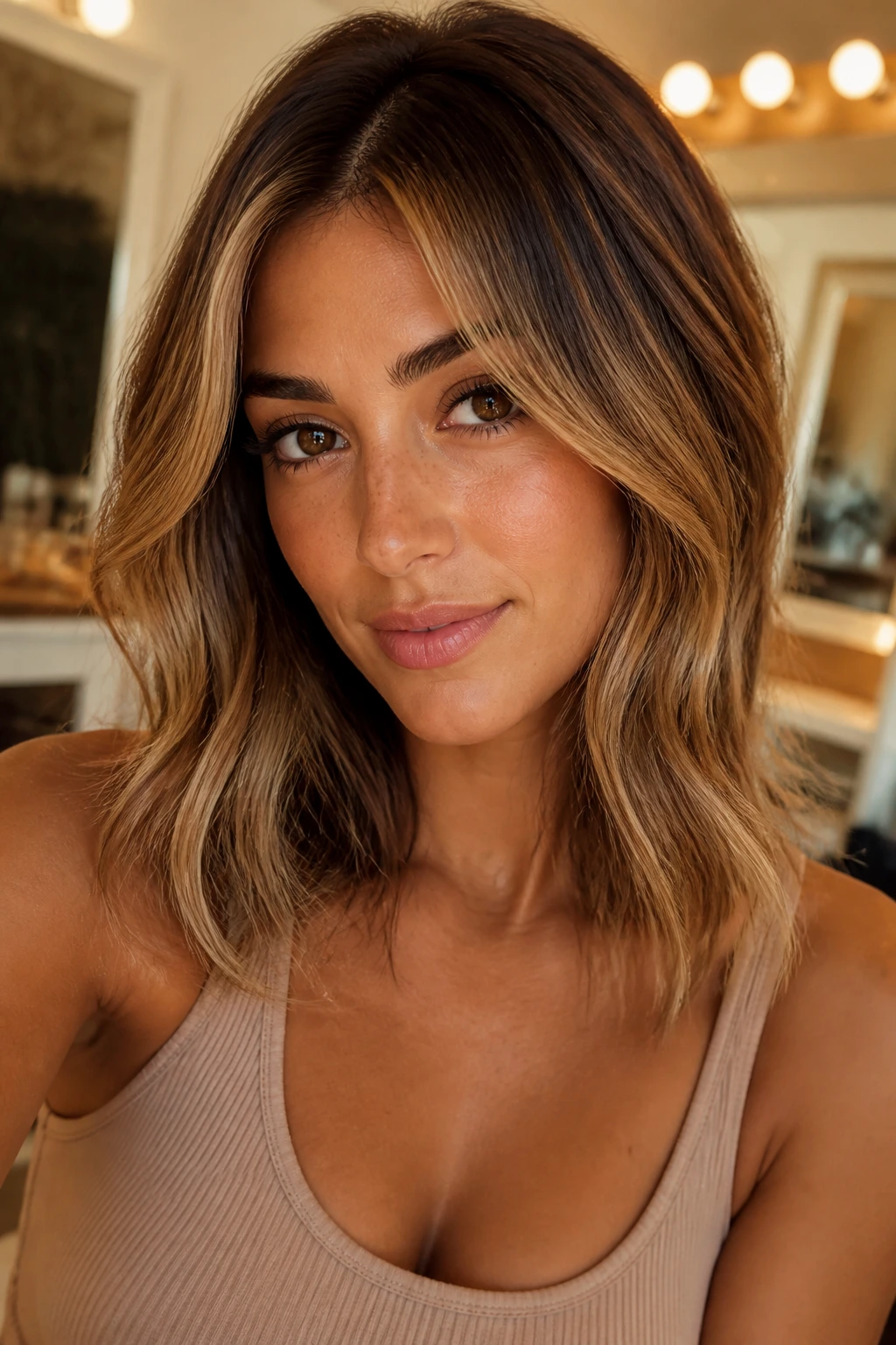 Close-up of hair showing face-framing, mid-length ribbons, and end highlights on medium-length hair.