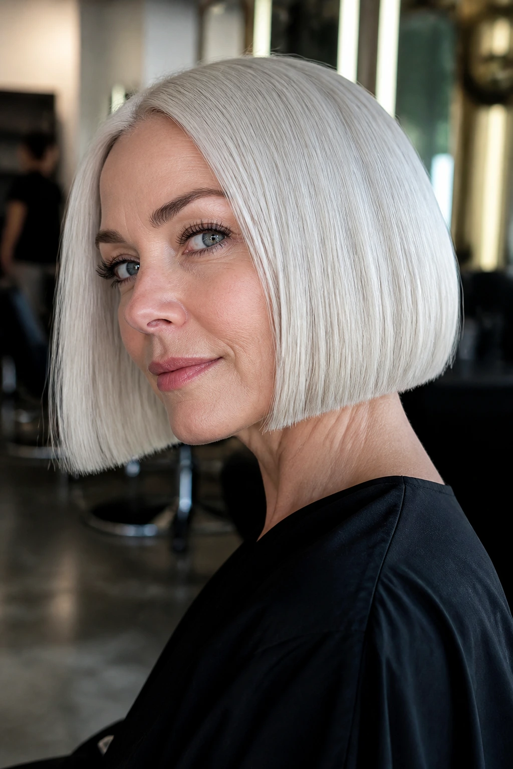 Close-up of a woman with a nearly white blunt gray bob in a modern salon
