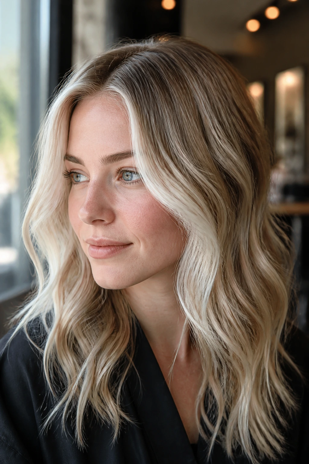 Close-up of a real person showing platinum accent panels in hair near the face