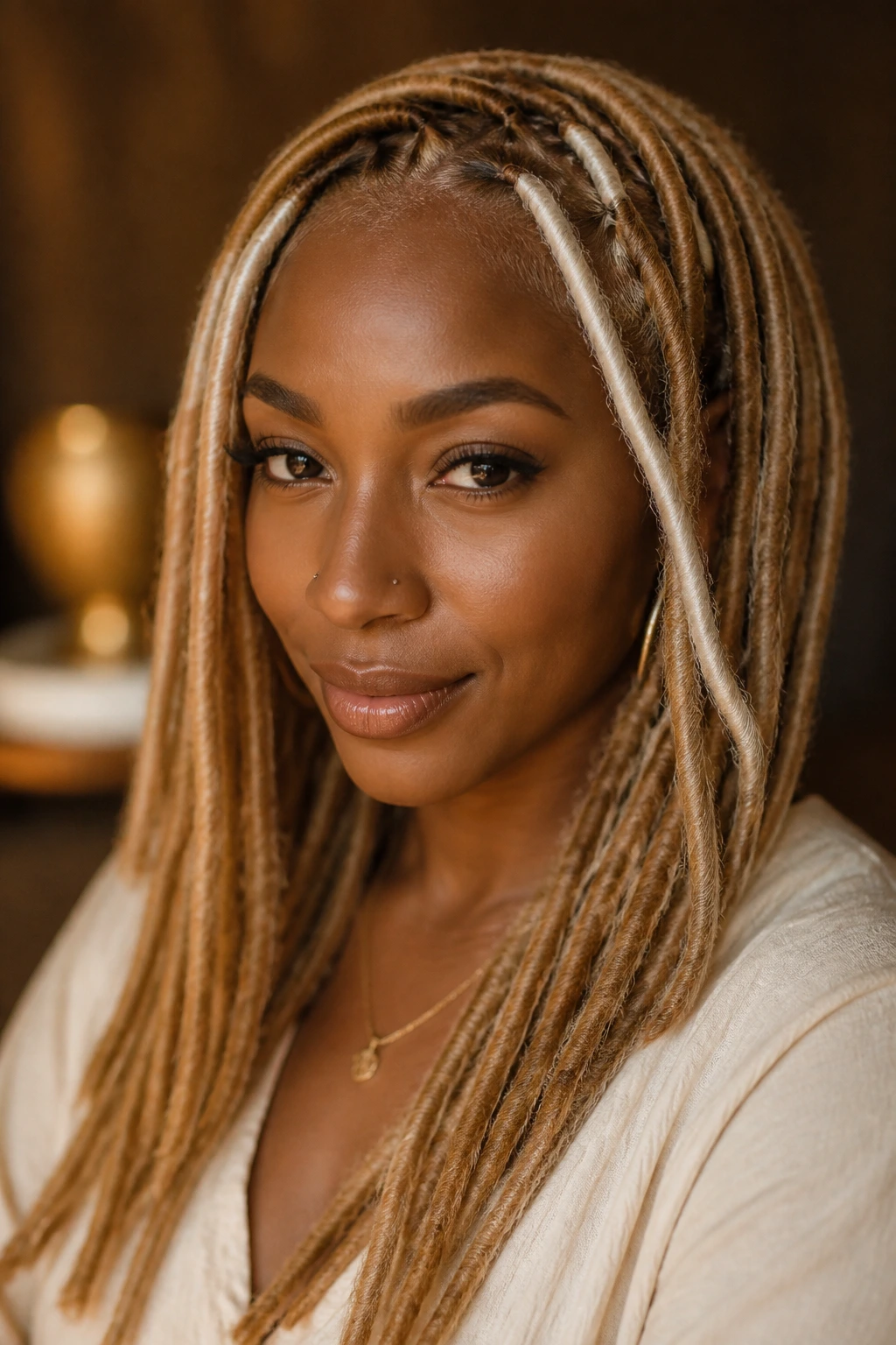 Portrait featuring platinum accent pieces in front rows of blonde locs