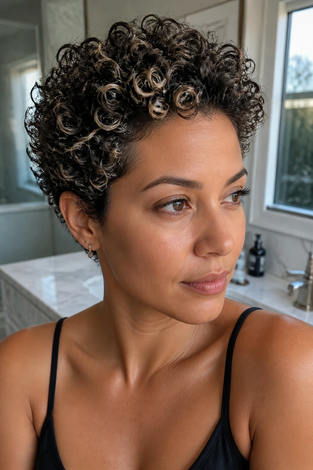 Close-up of a real woman's deep brown curls with platinum micro-accents
