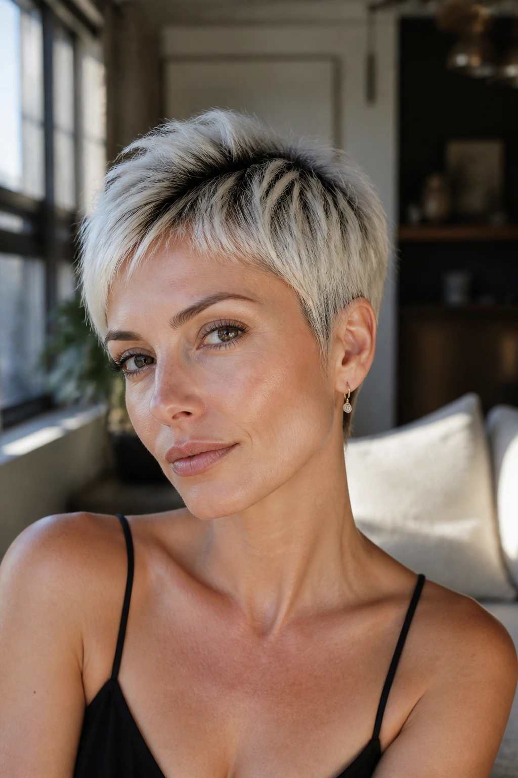 Close-up portrait of a real woman with platinum ash crop and dark root smudge on a square-face silhouette.