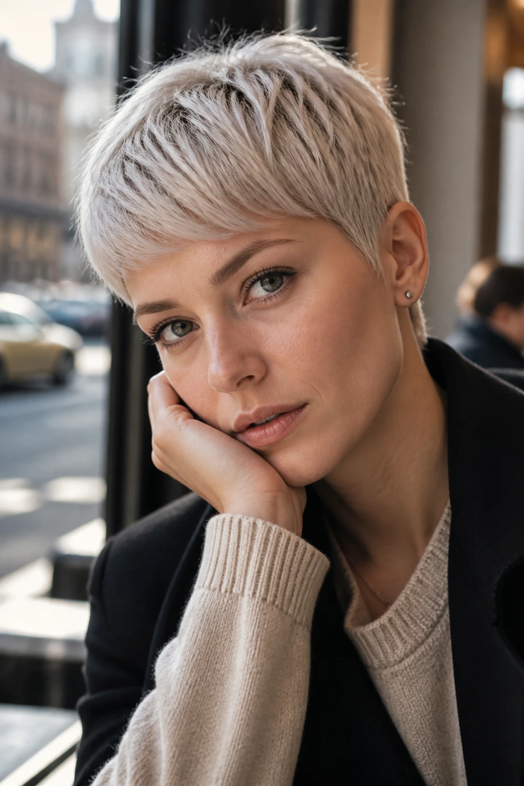 Close-up portrait of a real woman with platinum ash pixie in sunlit cafe window light