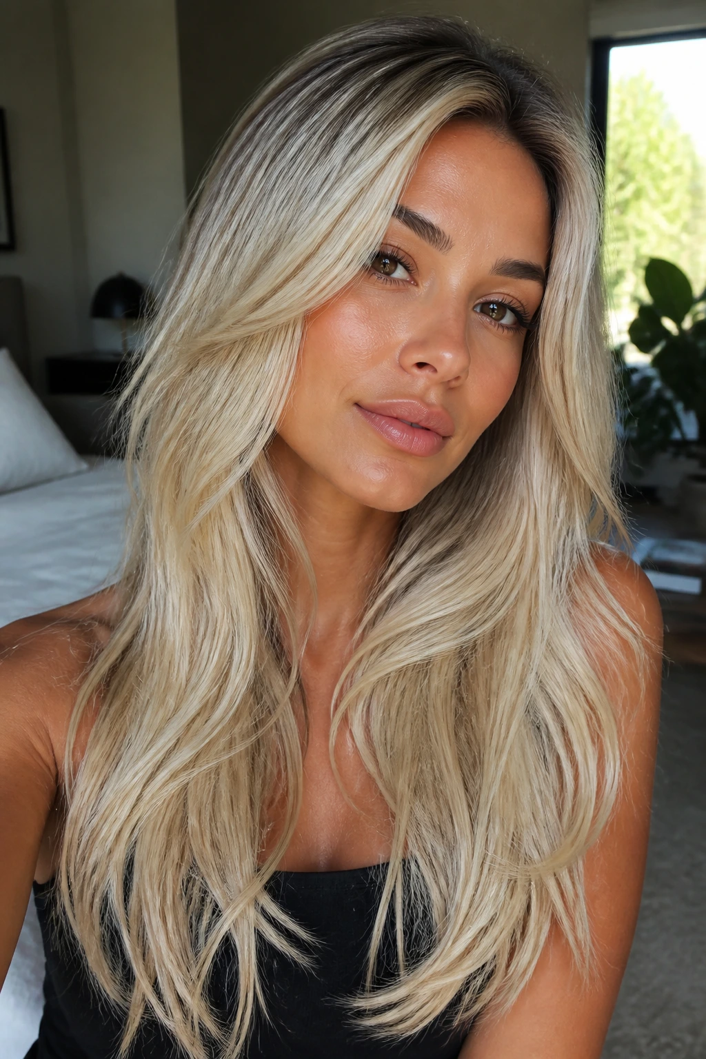 Close-up portrait of a woman with platinum balayage on long layers and root shadow against tan skin