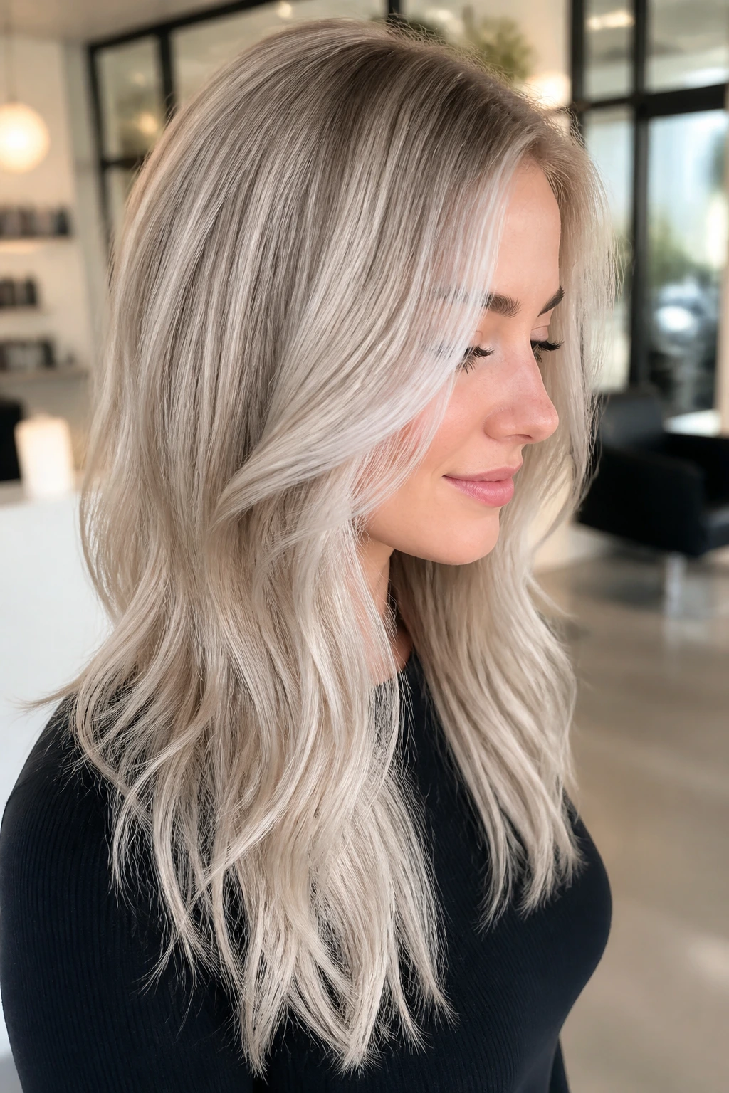 Close-up of fine hair with platinum balayage highlighting near the face.