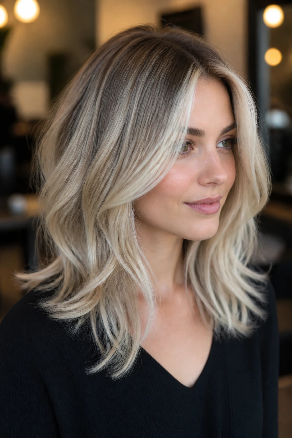 Portrait of person with platinum balayage on medium layered hair
