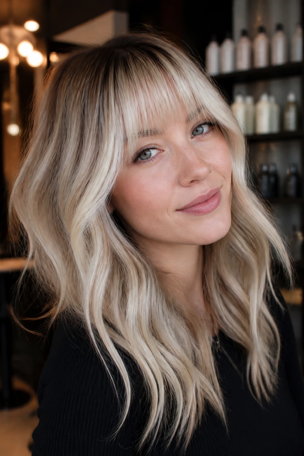 Close-up of platinum money piece highlights with soft full bangs on a real person
