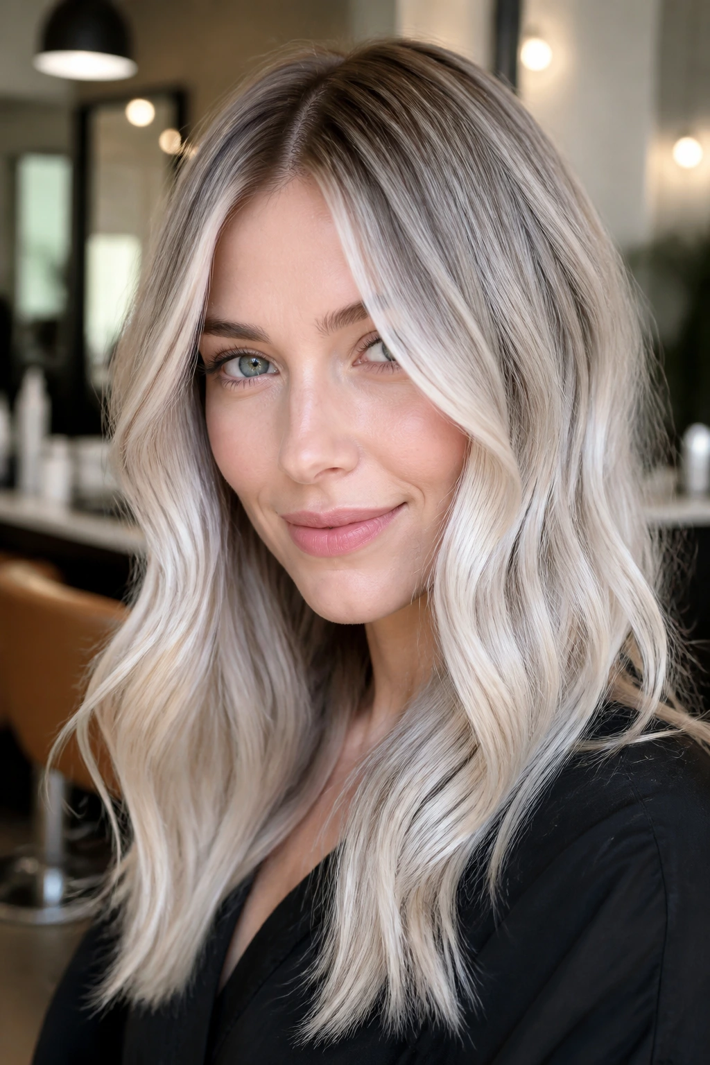 Close-up of a woman with platinum balayage and soft depth for cool skin tones.