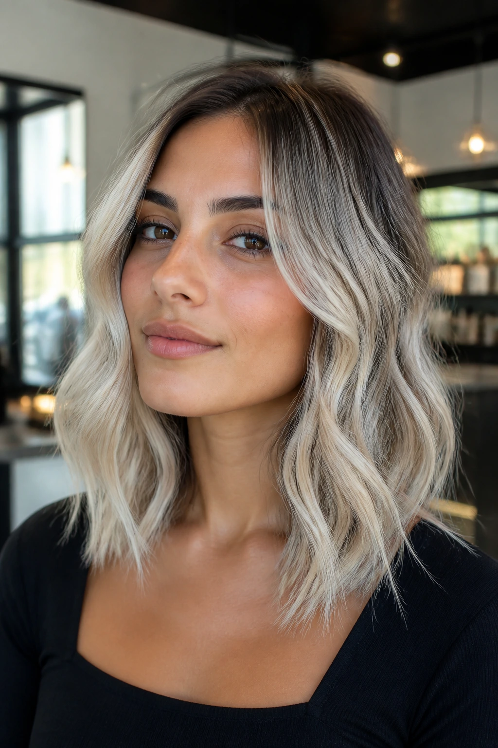 Portrait of olive-skinned woman with platinum balayage waves in a salon lighting.
