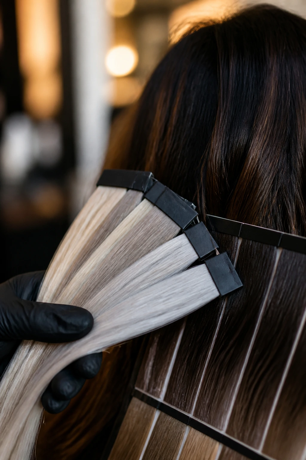 Close-up of platinum swatches beside dark brunette hair in a salon coloring setup