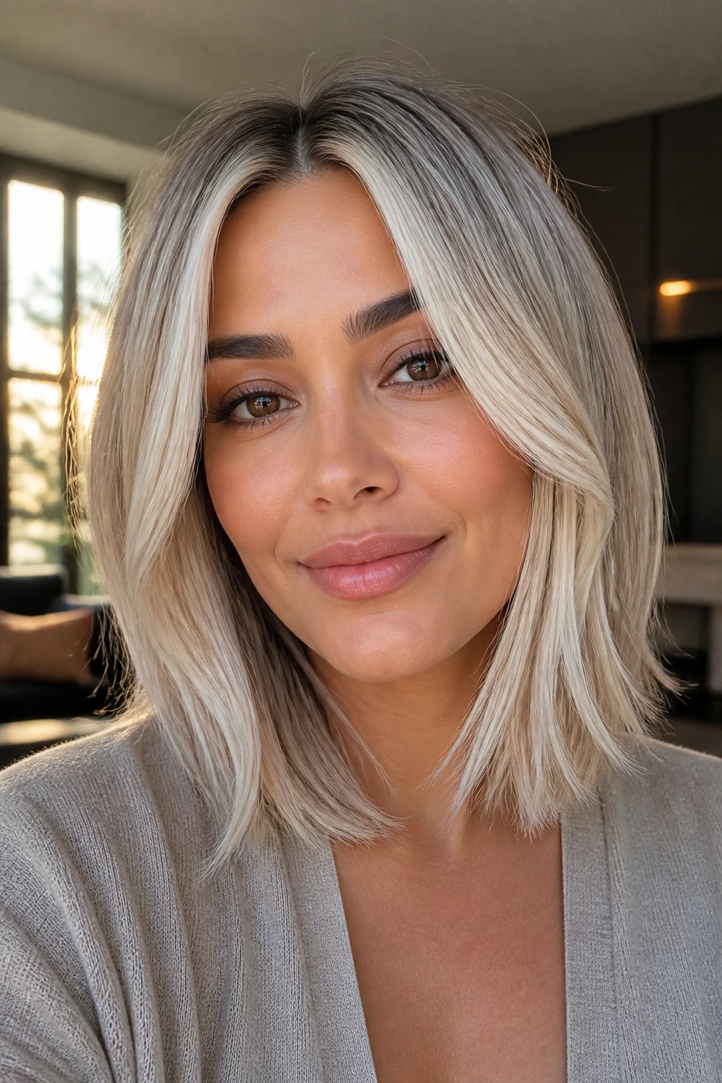 Close-up portrait of a woman with platinum-beige lob and face-framing pieces