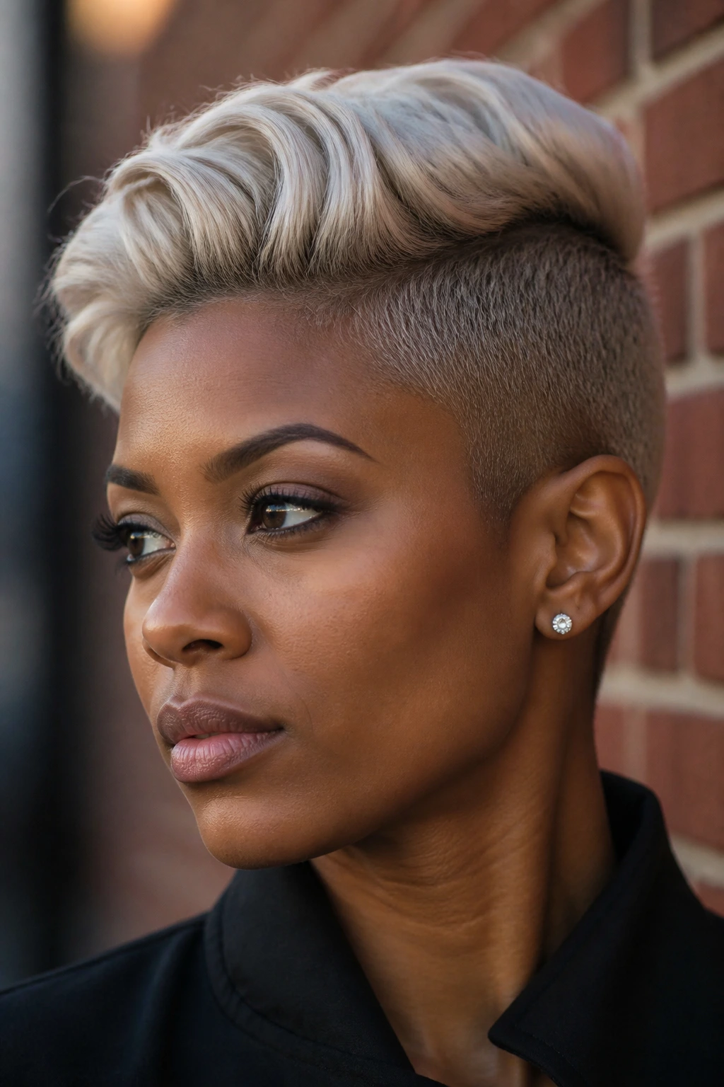 Close-up of a real woman with platinum beige undercut and bright top.