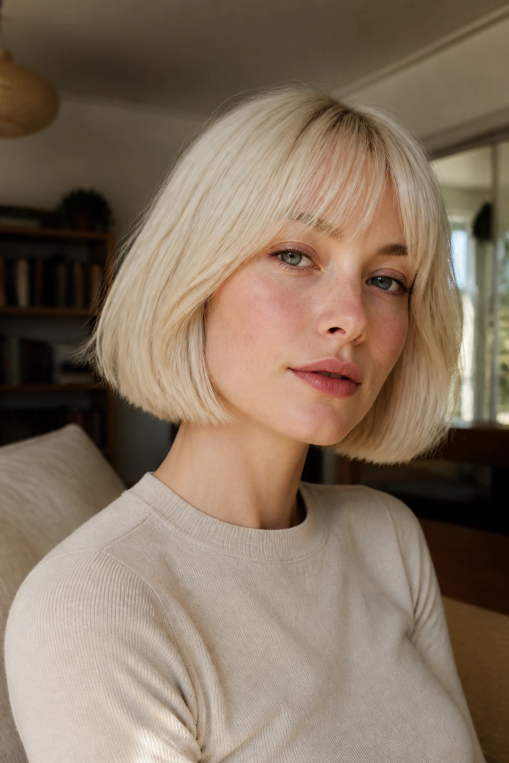 Close-up portrait of a real woman with platinum blonde blunt bob wearing a crew-neck top in natural window light