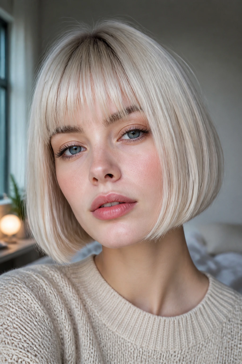 Close-up portrait of a real woman with platinum blonde blunt bob and fringe, shadow root, natural window light