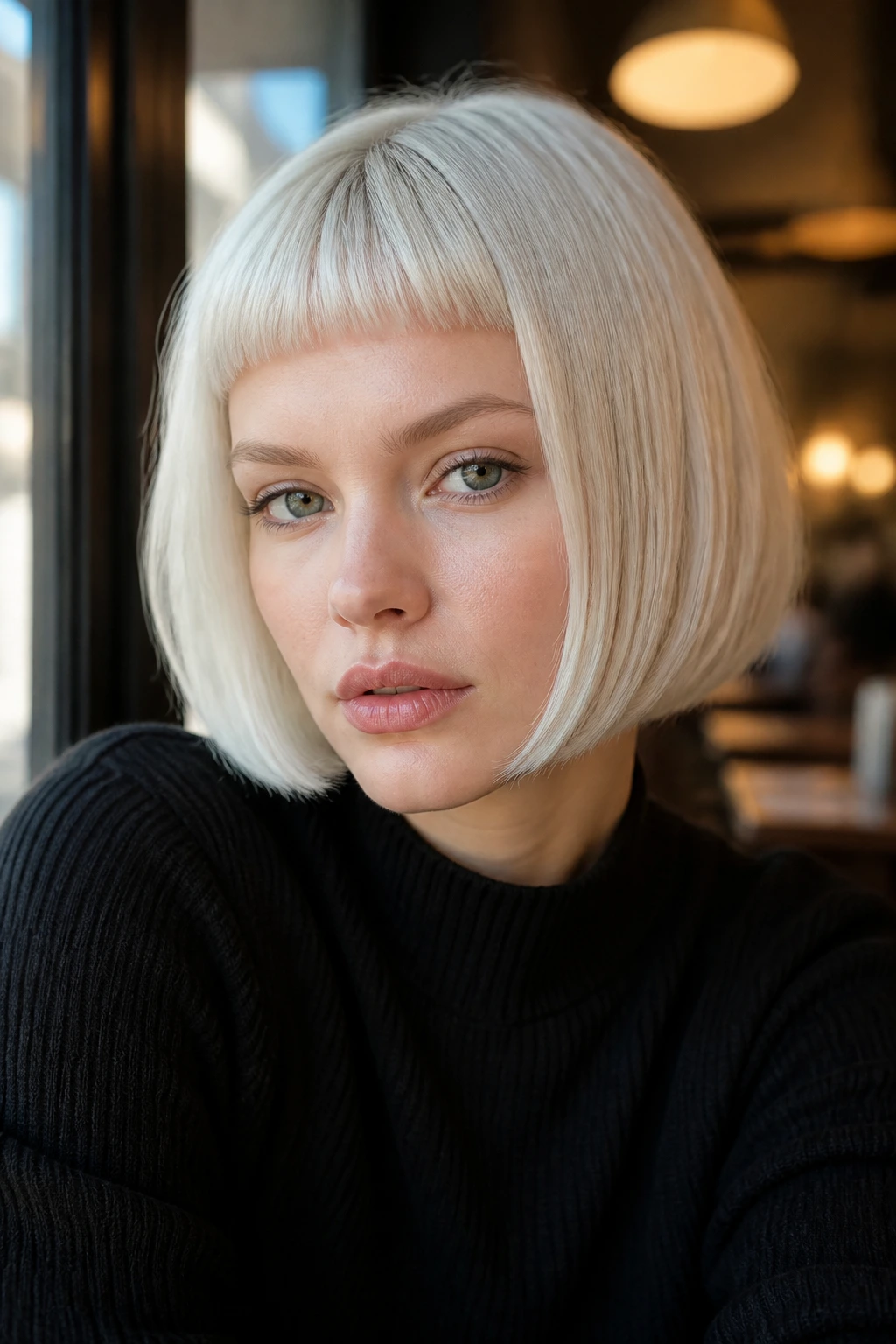 Close-up of a woman with a French bob and micro fringe in platinum blonde