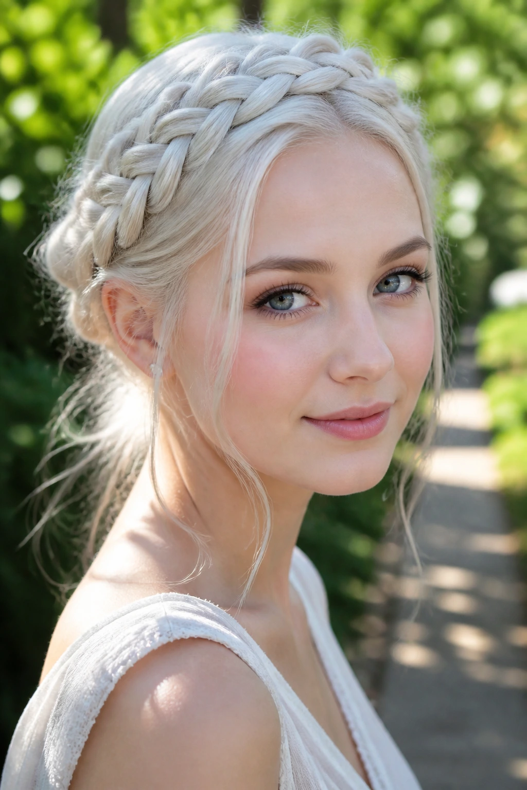 Close-up of a woman with a braided crown in platinum blonde hair