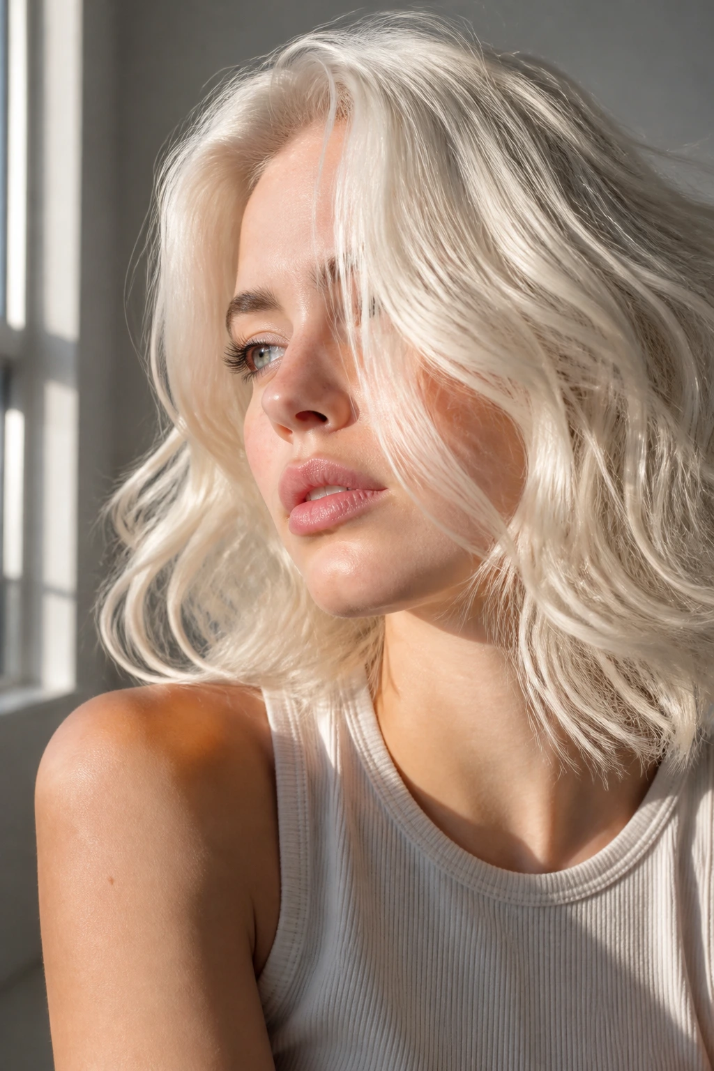Portrait of a person with ultra-light platinum hair and floating ends
