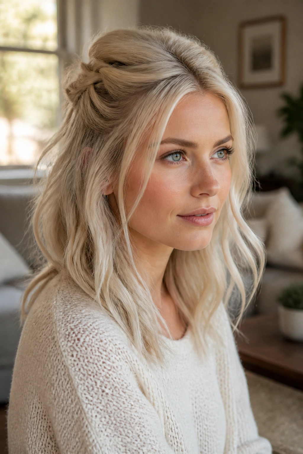 Close-up of a woman with a half-up twist and loose lengths in platinum blonde